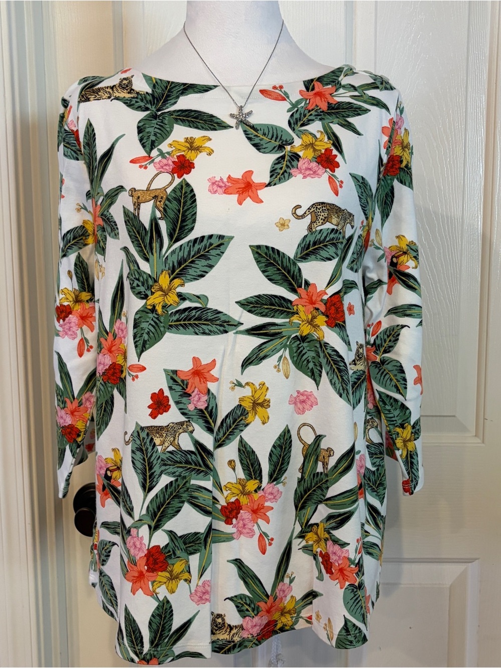 Charter Club White Tropical Floral 3/4 Sleeve Tee with Green Leaves Size XXL
